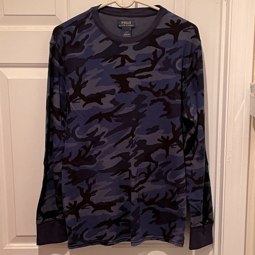 Men’s Polo Ralph Lauren Long Sleeve Blue Camo Thermal Shirt Size L